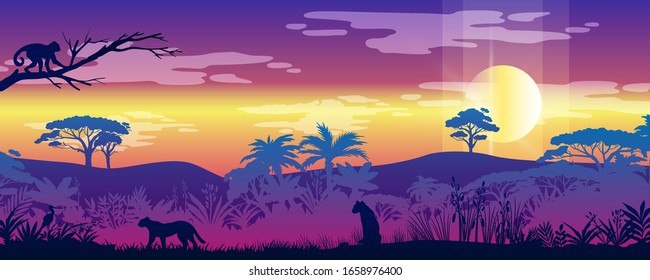 Regenwald horizontale Landschaft mit Leopard, Geparden, Affen, exotischen Pflanzen, Bäume umreißen. Dschungelpanorama mit Sonne, Palmen und Silhouetten von tropischen Tieren. Wildes Naturbanner in trendigen Neonfarben