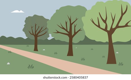 Rainforest illustration. Jungle. Countryside path. Green space. Park. Outdoors. Trees. Bushes.