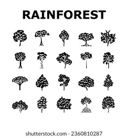 rainforest jungle amazon nature icons set vector. forest landscape, brazil tree, green asia, environment river, beautiful wild foliage rainforest jungle amazon nature glyph pictogram Illustrations