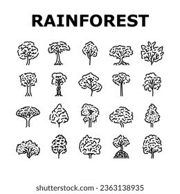 los iconos de la naturaleza de la amazona de la selva tropical establecen vector. paisaje forestal, árbol brasil, asia verde, río ambiental, hermosa selva silvestre selva selva amazónica naturaleza contorno negro ilustraciones