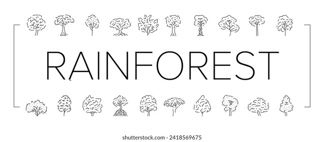 rainforest jungle amazon nature icons set vector. forest landscape, brazil tree, green asia, environment river, beautiful wild foliage rainforest jungle amazon nature black line illustrations