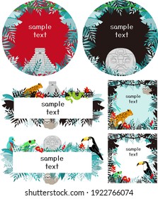 Rainforest jungle leaves and animal and archaeological motifs.
Round and square frame set.