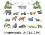 Rainforest jungle wildlife elements with animal fauna outline collection set. Zoology and biodiversity for lush and mist climate habitat vector illustration. Insects, birds, reptile and mammal items.
