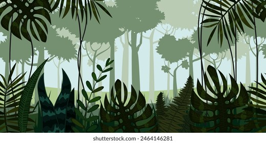 Ilustración sin fisuras Horizontal del paisaje del bosque tropical