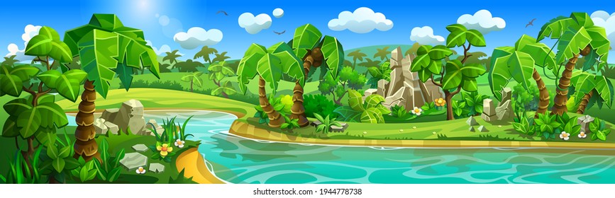 Rainforest landscape with a river running along sandy shores with thickets, tropical plants and palm trees. 