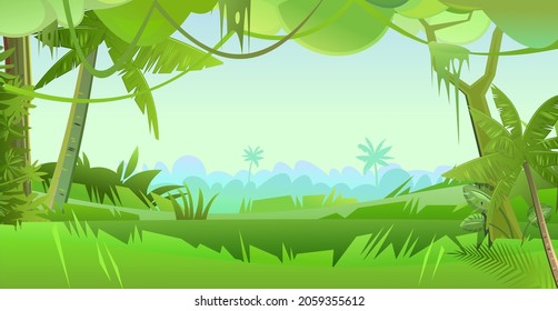 Rainforest leaves. Dense thickets. View from the jungle forest. Southern Rural Scenery. Illustration in cartoon style flat design. Tropical forest panorama. Vector.