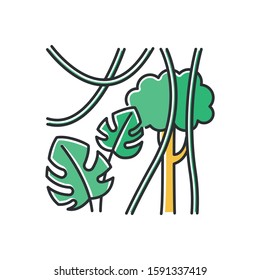 Rainforest plants color icon. Evergreen forest vines. Swiss cheese plant and lianas. Trip to Indonesian jungle. Discovering Bali nature. Exploring tropical flora. Isolated vector illustration