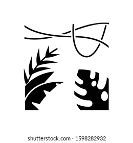 Rainforest plants glyph icon. Evergreen forest vines. Swiss cheese plant. Trip to Indonesian jungle. Exploring Bali nature. Silhouette symbol. Negative space. Vector isolated illustration
