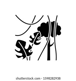 Rainforest plants glyph icon. Evergreen forest vines. Swiss cheese plant and lianas. Trip to Indonesian jungle. Discover Bali nature. Silhouette symbol. Negative space. Vector isolated illustration