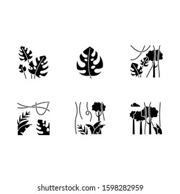 Rainforest plants glyph icons set. Evergreen forest vines. Swiss cheese plant. Trip to Indonesian jungle. Discovering Bali nature. Tropical flora. Silhouette symbols. Vector isolated illustration