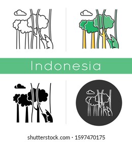Rainforest plants icon. Evergreen forest vines. Lianas and high trees. Indonesian jungle. Bali nature. Tropical flora. Linear, black, chalk and color styles. Isolated vector illustrations