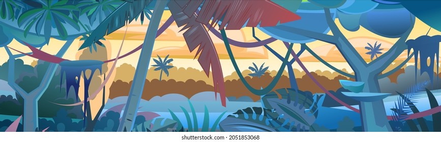 Rainforest Plants. Morning sunrise dawn or evening sunset. Dense thickets. View from the forest. Southern Rural Scenery. Illustration in cartoon style flat design. Vector.