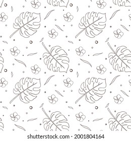 Rainforest Plants Seamless Pattern Line Art. Hand drawn tropical floral ornament for background, backdrop, wallpaper, wrapping paper, package, web, spa and beauty care products, fabric, textile