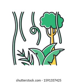 Rainforest plants and trees color icon. Evergreen forest vines. Lianas and fern frond. Trip to Indonesian jungle. Discovering Bali nature. Exploring tropical flora. Isolated vector illustration