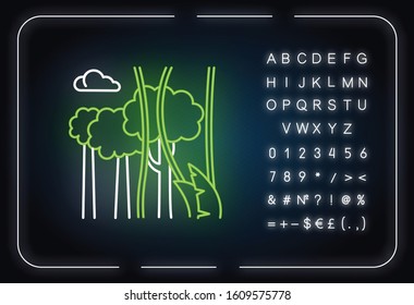 Rainforest plants and trees neon light icon. Evergreen forest vines. Lianas and high trees. Bali nature. Tropical flora. Glowing sign with alphabet, numbers and symbols. Vector isolated illustration