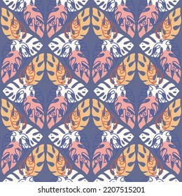 rainforest seamless pattern on purple background, monstera palm leaf, trendy vector illustration for textile and wrapping paper