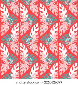 rainforest seamless pattern on red background, palm leaf, trendy vector illustration for textile