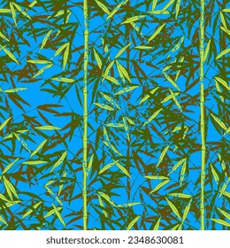 Rainforest. Seamless pattern of tropical bamboo stems on a background of leaves. Vector illustration