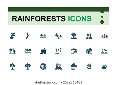 Rainforest solid icons set. Simple filled style icons pack. Related to tree, Leaf, garden and more, Editable flat icon collection, Pixel perfect.