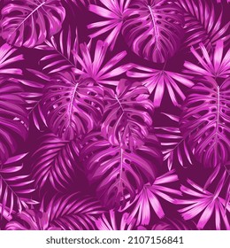 Impresión de verano con hojas de palma y de monstera