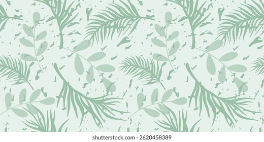 Rainforest summer seamless pattern. Palm leaves and other foliage background. Exotic tropical print, natural continuous fill. Vector graphics