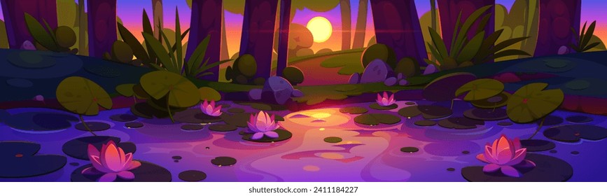 Rainforest swamp with lotus flowers at sunset. Vector cartoon illustration of beautiful scenery with water lilies on lake surface in shadow of jungle trees and plants, bright sun rising on horizon