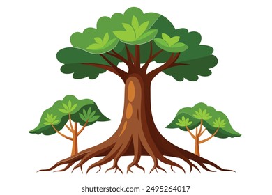  rainforest tree with big roots flat vector set, illustration on white background