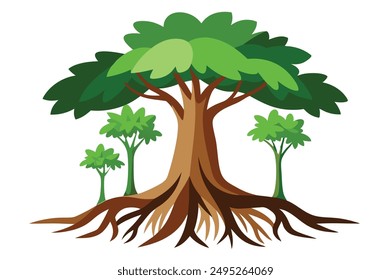  rainforest tree with big roots flat vector set, illustration on white background