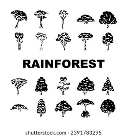 rainforest tree forest green icons set vector. nature natural, foliage tropical, jungle background plant, leaf, branch, environment rainforest tree forest green glyph pictogram Illustrations
