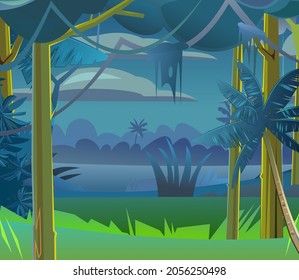 Rainforest trees. Dense night thickets. View from Dark jungle forest. Tropical forest panorama. Southern Rural Scenery. Illustration in cartoon style flat design. Vector