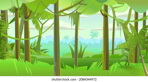 Rainforest trees. Dense thickets. View from the jungle forest. Tropical forest panorama. Southern Rural Scenery. Illustration in cartoon style flat design. Vector