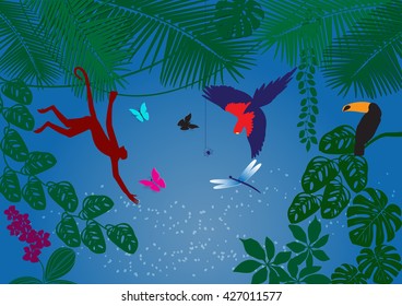 rainforest, tropical animals and insects. vector illustration