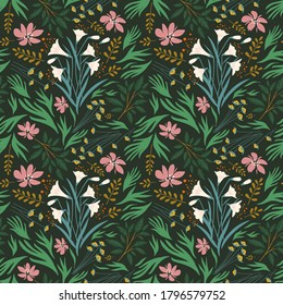 patrón botánico tropical de selva tropical. elementos florales, muestra ilustradora. diseño de superficie impecable. textil. tela. fondo de pantalla. envoltura de regalo. flores vibrantes y fondo de plantas.