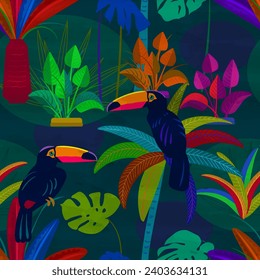 Rainforest, Tropical forest with colorful leaves and toucans in cartoon style. Seamless pattern - Jungle and fantasy plants