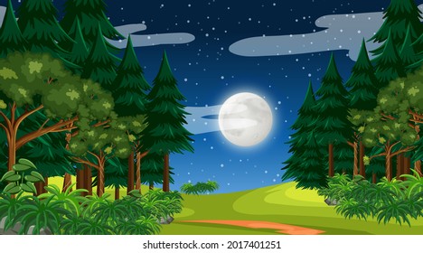 Rainforest or tropical forest at night scene with the moon in the sky illustration