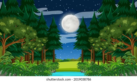 Rainforest or tropical forest at night scene with the moon in the sky illustration