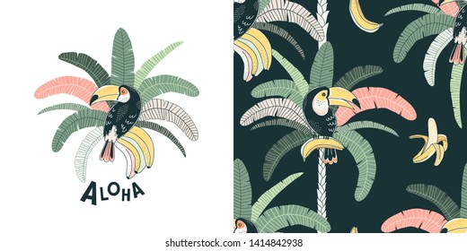 Rainforest vector color pattern. Aloha hand drawn lettering. Fruit eating bird. Tropical bird, toucan on palm. Decorative textile, wrapping paper, t-shirt, print