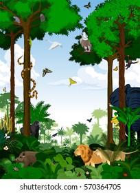 Rainforest vector illustration. Vector Green Tropical Forest jungle with animals.