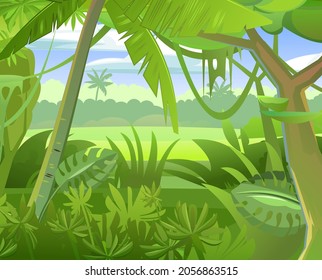 Rainforest vector. Tropical forest panorama. Dense thickets. View from the forest. Southern Rural Scenery. Illustration in cartoon style flat design.