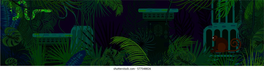 Rainforest wild animals and plants horizontal vector background. Green hanging snake and monkey in the night jungles.