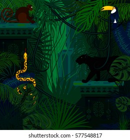 Rainforest wild animals and plants vector background. Panther, snake and monkey in the dark jungles.