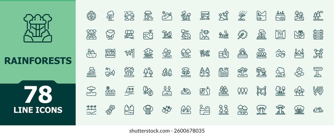 Rainforests modern icon. Includes symbols for forest, foliage, green, wildlife, nature and more. Minimalist editable vector stroke. Botanical icon set. Conceptual pictogram and infographic.