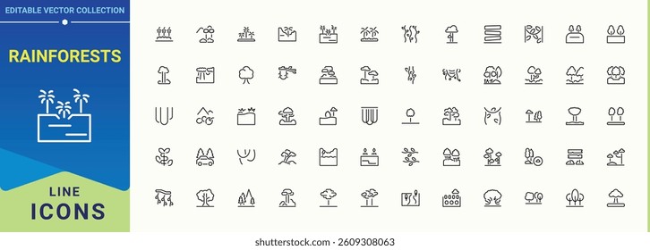 Rainforests related icon. Includes thin line symbols foliage, nature, wildlife, forest and more. Thin outline icons pack. Botanical line icon. Editable vector.