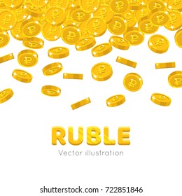 Raingold rubles cartoon frame. A rain of the flying gold of rubles in the form of a frame in a cartoon style. Falling gold pieces in the form of vector illustrations