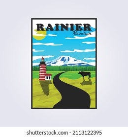 rainier mountain in washington state illustration poster vintage logo design printable lighthouse and buffalo illustration in poster