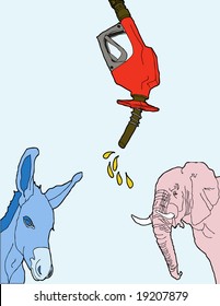 It's rainin' gas! all over the donkey and the mule! Illustration for democrats,  republican, and fossil fuels