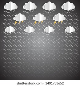 Raining background, paper art style on dark background. Vector illustration