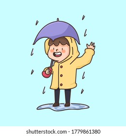 raining boy wearing a coat cute cartoon illustration