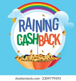 raining cashback in monsoon concept. raining coins, coins in umbrella, clouds and rainbow.