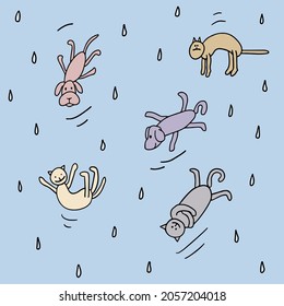 Raining cats and dogs. Idiomatic expression. Metaphoric idiom. Doodle style.